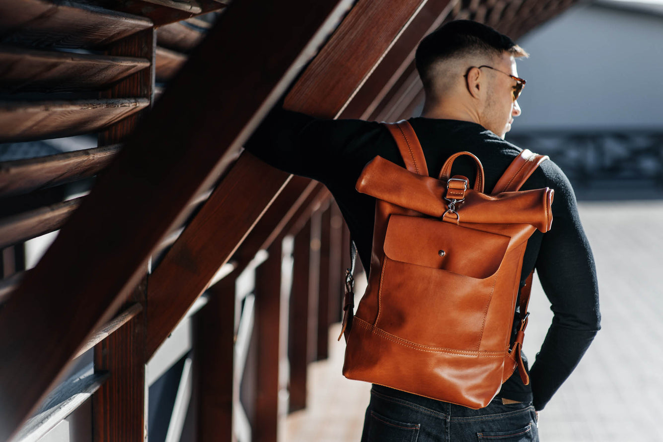 Smooth Leather Backpack with Roll Top – Durable Work & Travel Bag