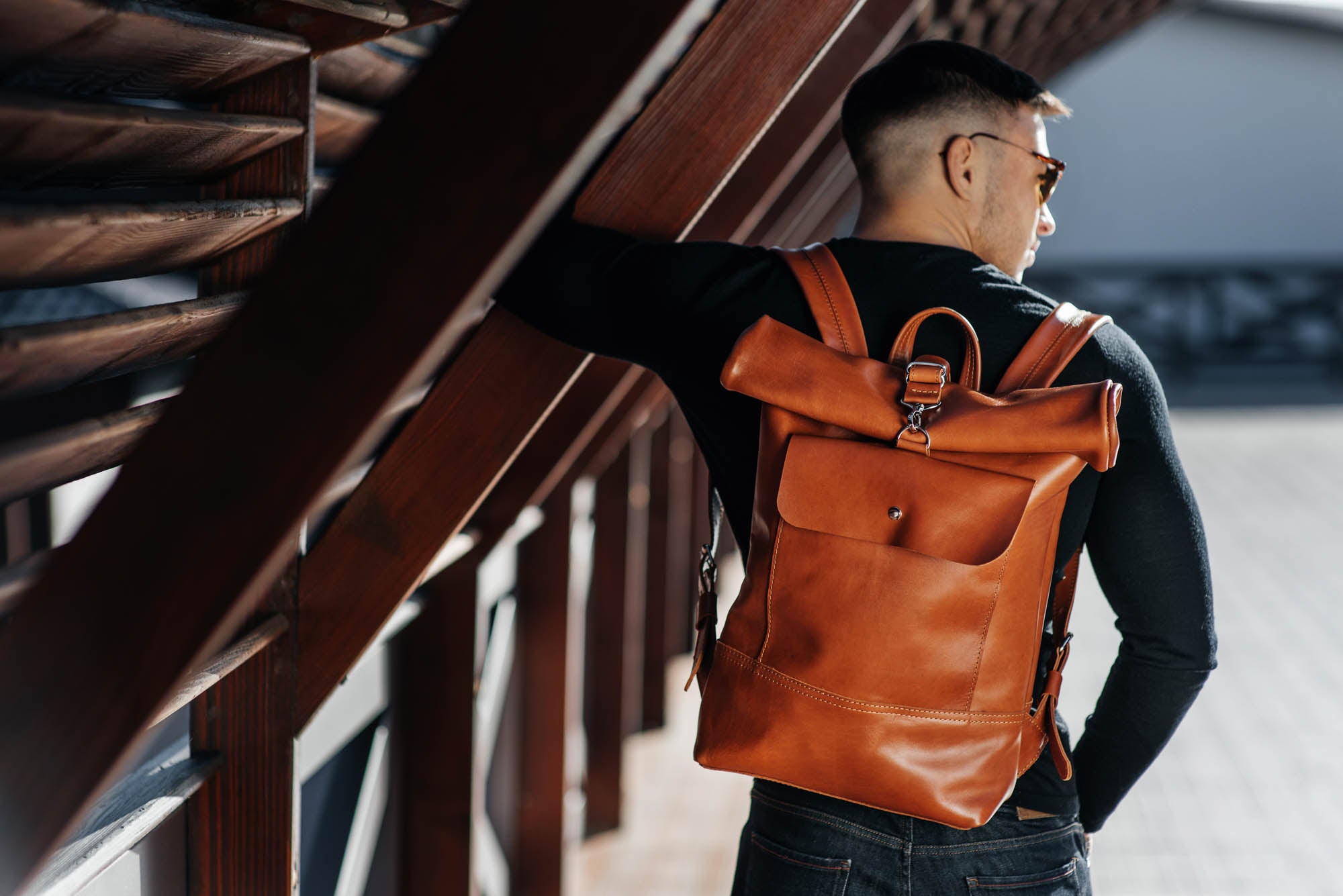 Smooth Leather Backpack with Roll Top – Durable Work & Travel Bag
