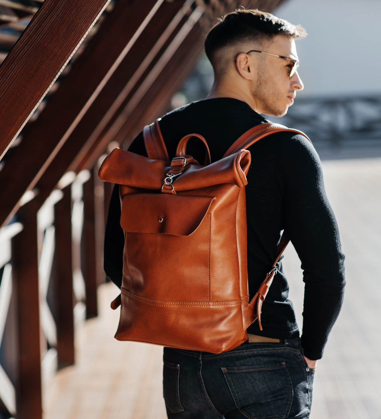 Smooth Leather Backpack with Roll Top – Durable Work & Travel Bag
