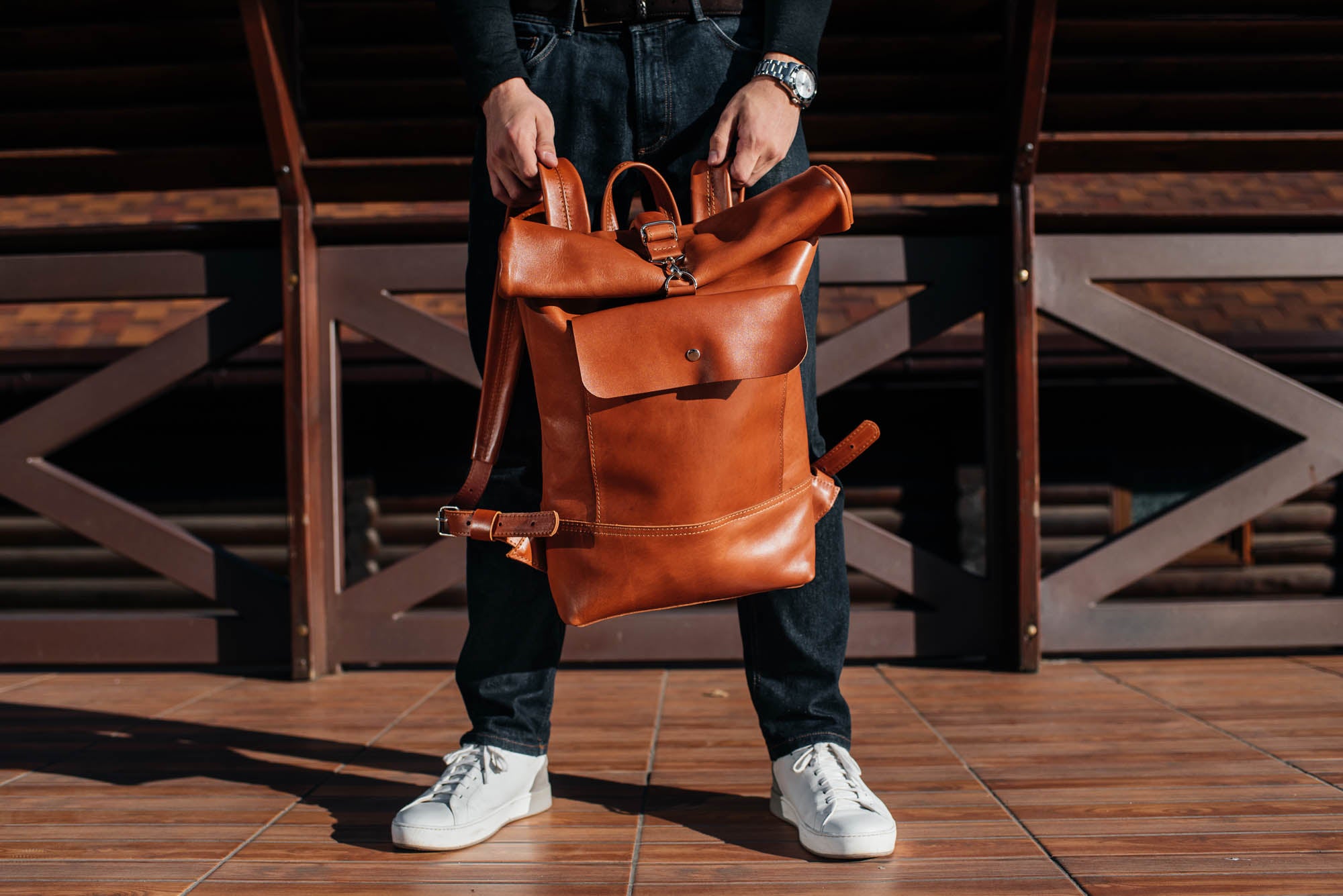 Smooth Leather Backpack with Roll Top – Durable Work & Travel Bag