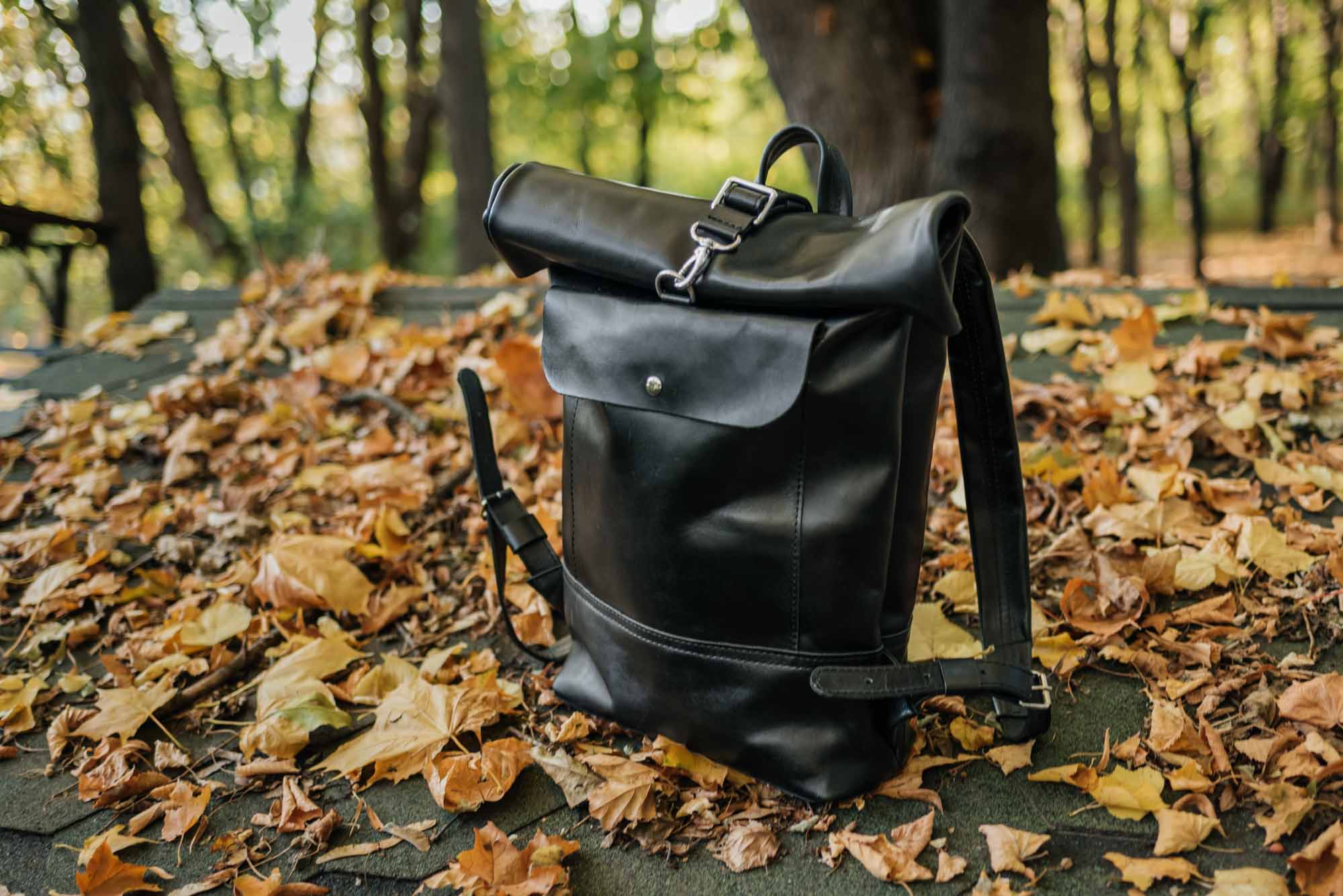 Smooth Leather Backpack with Roll Top – Durable Work & Travel Bag