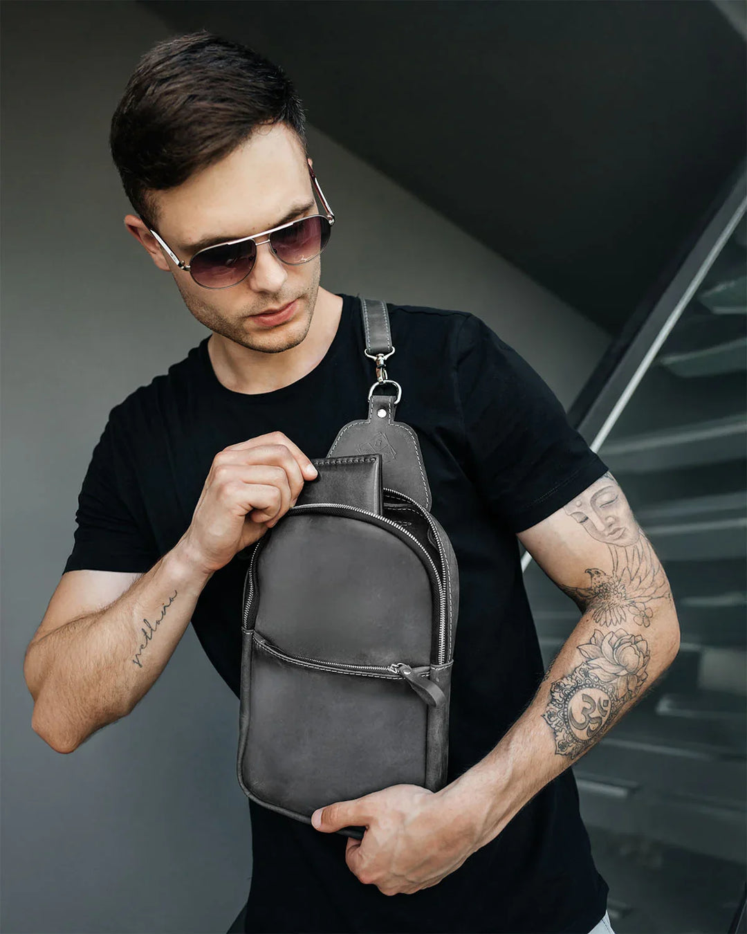 Matte Waxed Leather Sling Bag – Slim Crossbody & Semi-Backpack