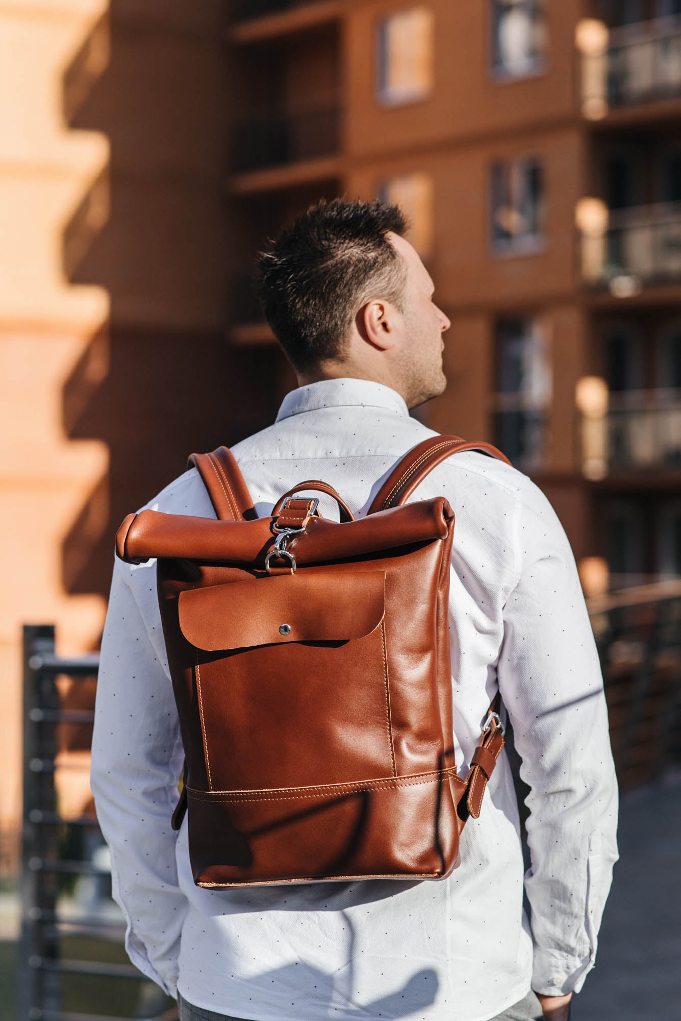 Smooth Leather Backpack with Roll Top – Durable Work & Travel Bag