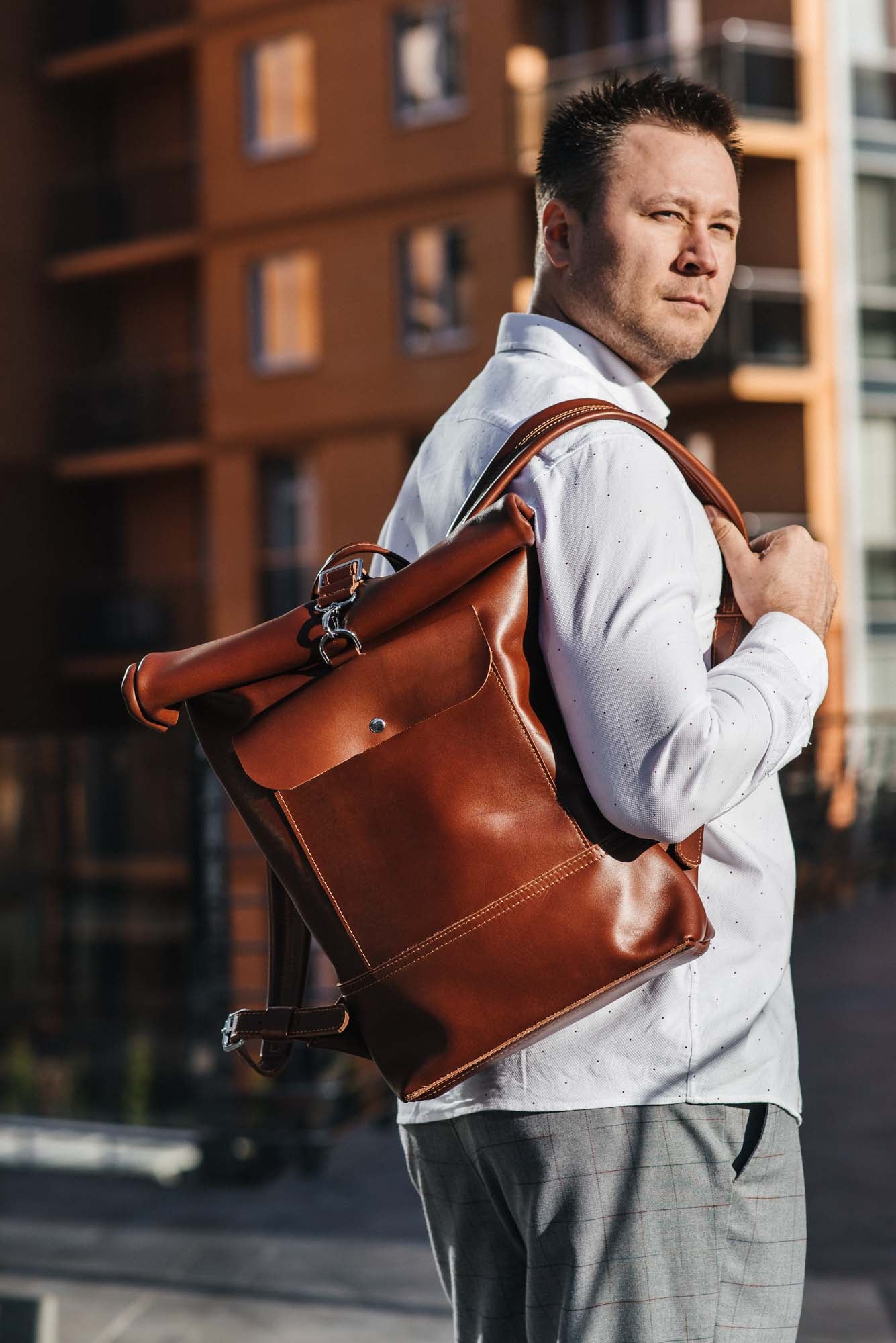 Smooth Leather Backpack with Roll Top – Durable Work & Travel Bag