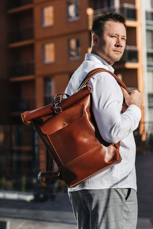 Smooth Leather Backpack with Roll Top – Durable Work & Travel Bag