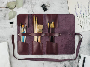 Smooth Leather Brush Roll – Compact Organizer for Brushes & Tools