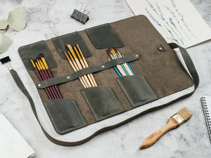 Leather Brush Roll Organizer – Waxed Matte Leather for Brushes & Tools