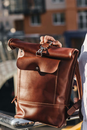 Smooth Leather Backpack with Roll Top – Durable Work & Travel Bag