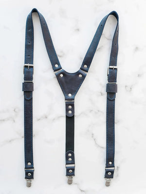 Waxed Matte Leather Suspenders for Men with Buckles