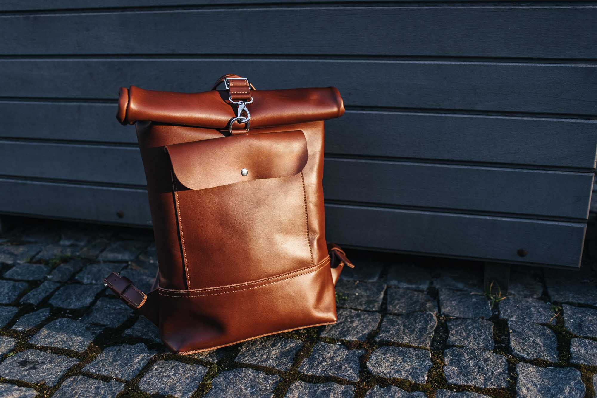 Smooth Leather Backpack with Roll Top – Durable Work & Travel Bag