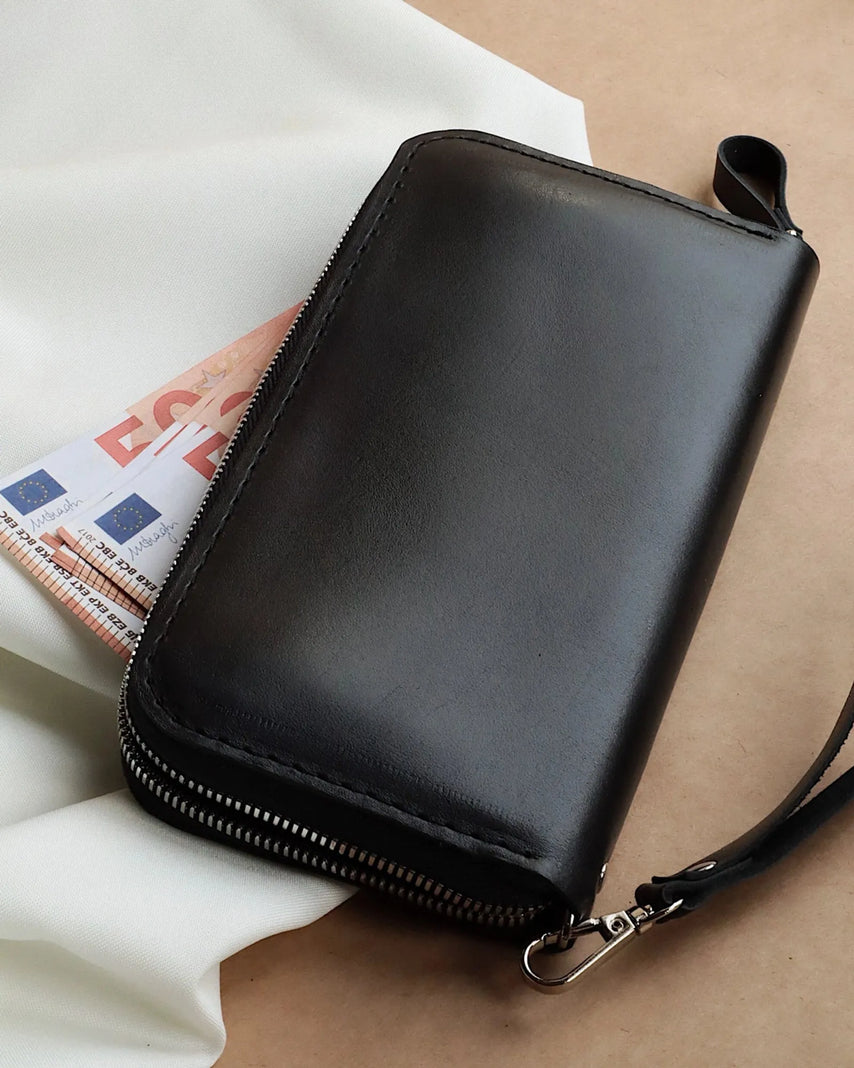 Zip Leather Clutch Wallet | Smooth Black - Wenderfarer