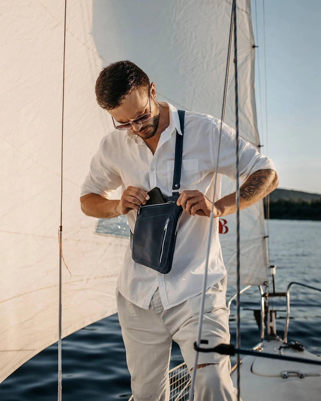 Men’s Sling Bag in Waxed Matte Leather | Hidden Back Pocket