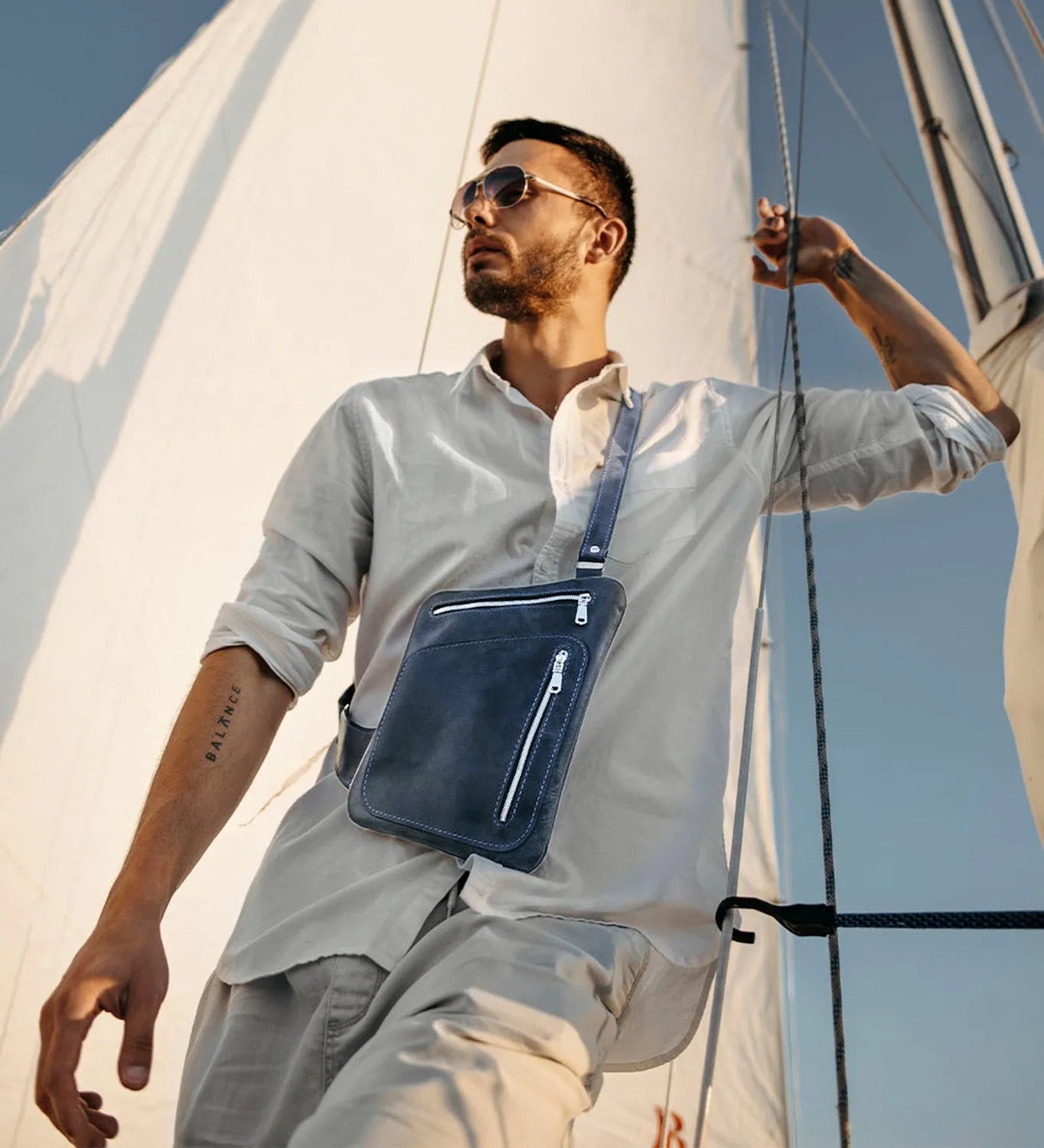 Men’s Sling Bag in Waxed Matte Leather | Hidden Back Pocket