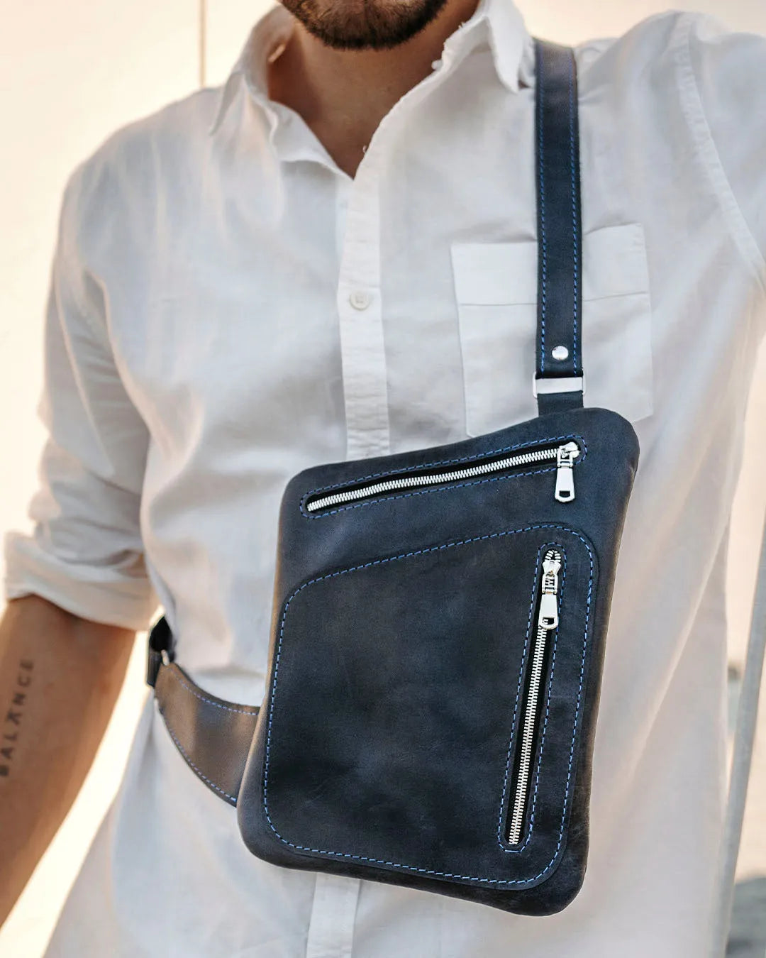 Men’s Sling Bag in Waxed Matte Leather | Hidden Back Pocket