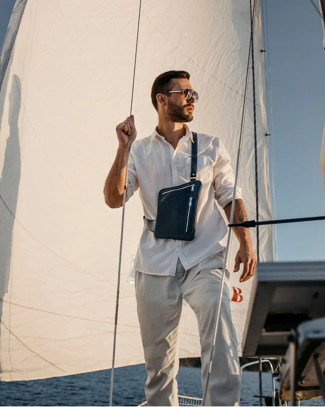 Men’s Sling Bag in Waxed Matte Leather | Hidden Back Pocket