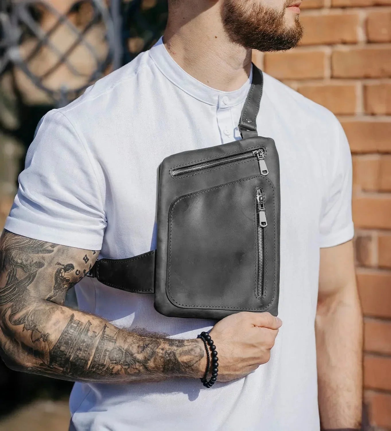 Men’s Sling Bag in Waxed Matte Leather | Hidden Back Pocket