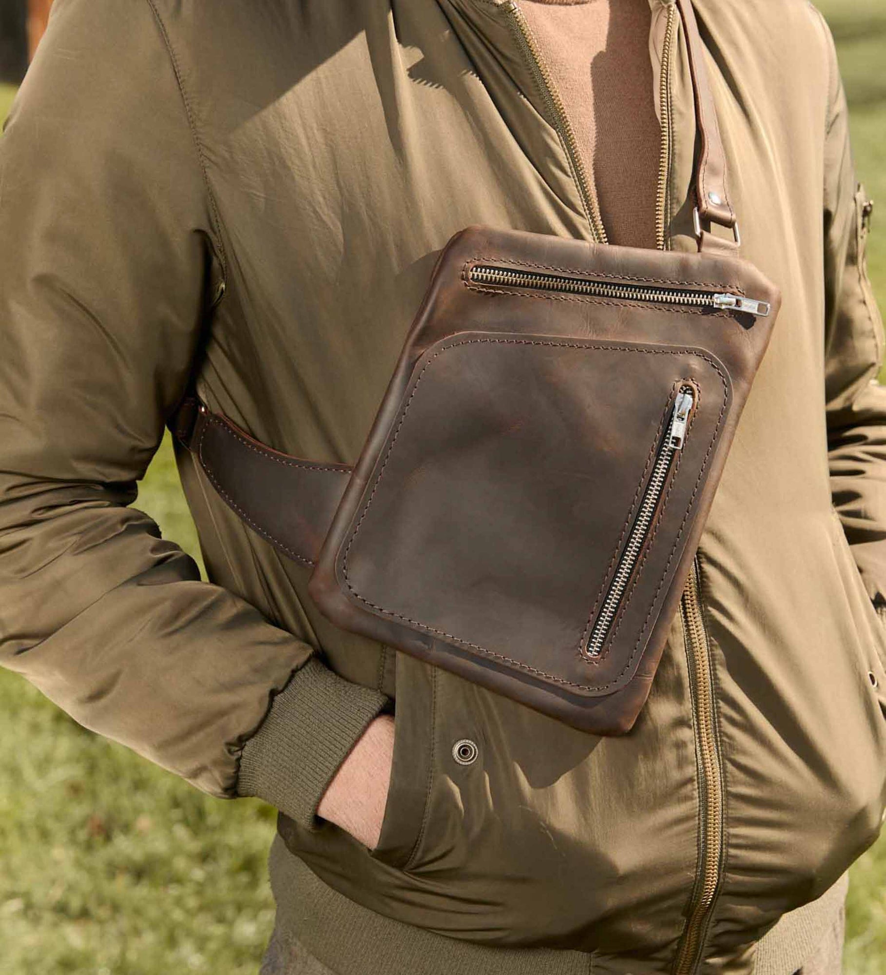 Men’s Sling Bag in Waxed Matte Leather | Hidden Back Pocket