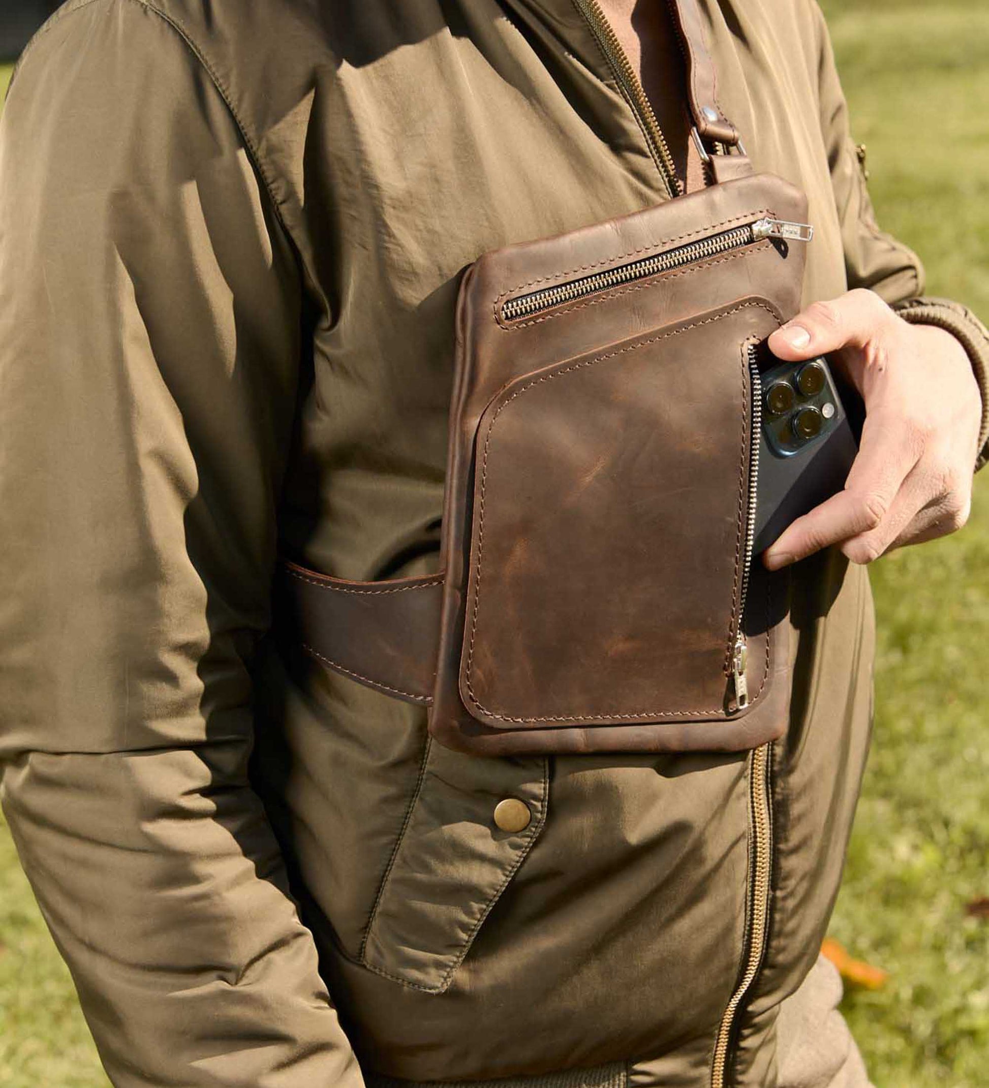 Men’s Sling Bag in Waxed Matte Leather | Hidden Back Pocket
