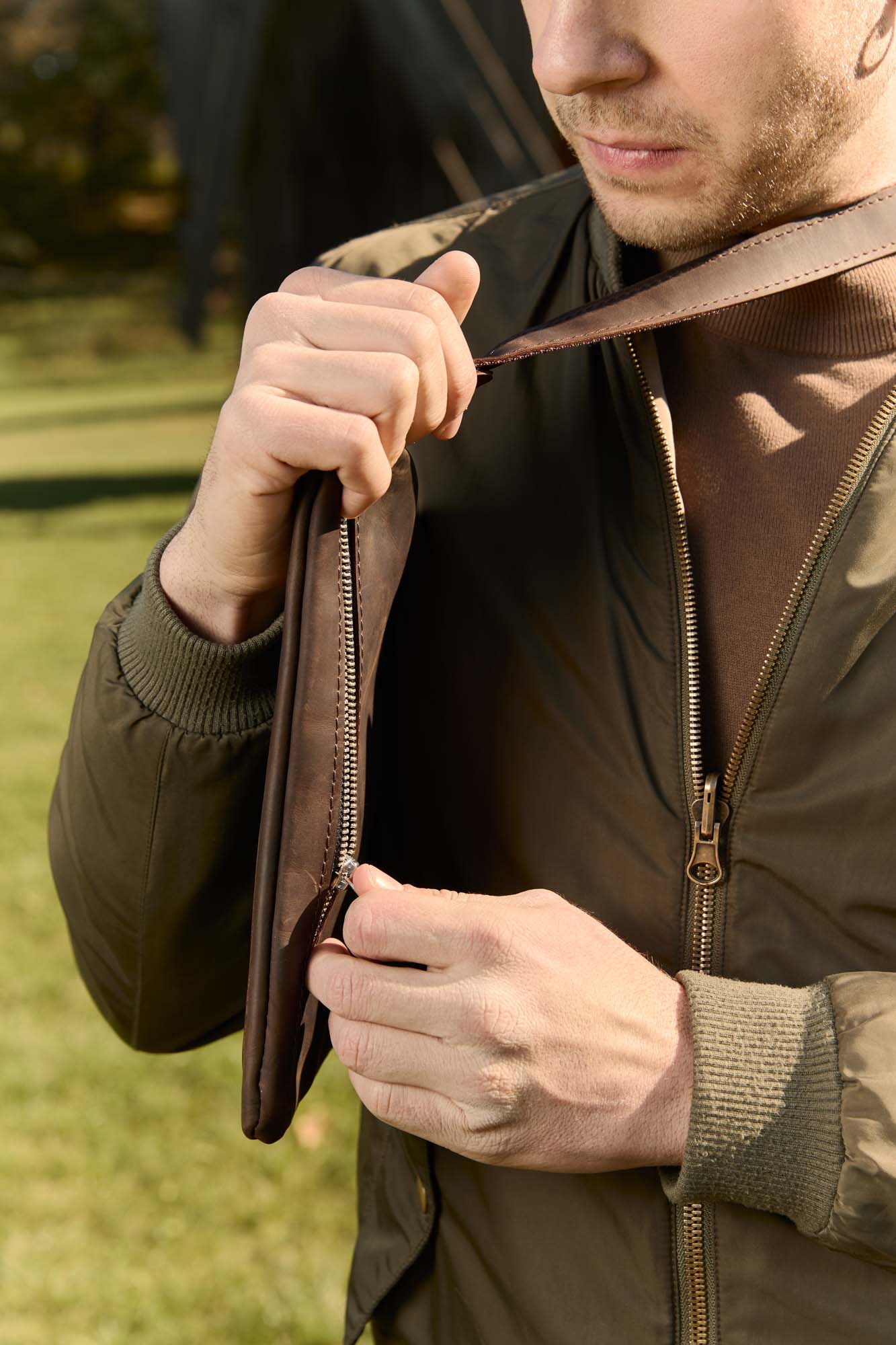 Men’s Sling Bag in Waxed Matte Leather | Hidden Back Pocket