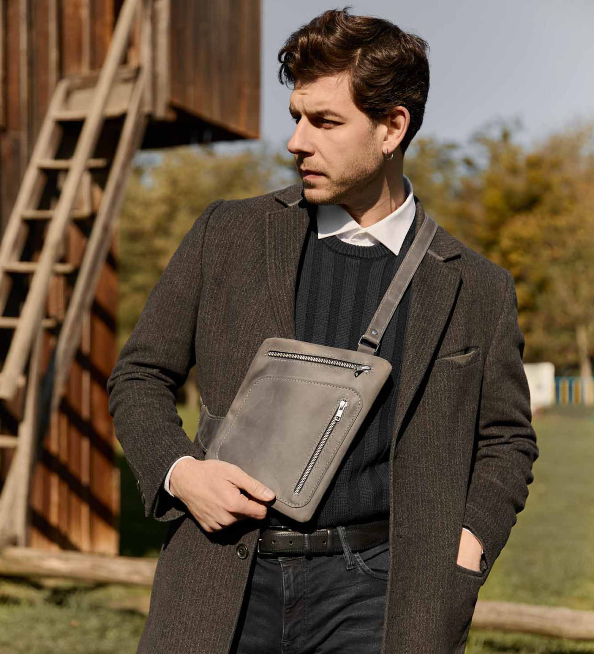 Men’s Sling Bag in Waxed Matte Leather | Hidden Back Pocket