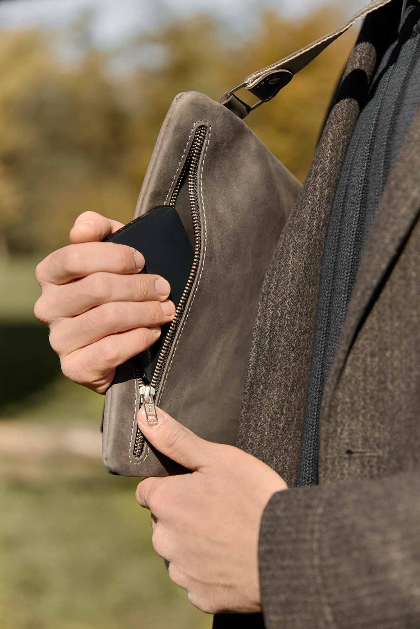 Men’s Sling Bag in Waxed Matte Leather | Hidden Back Pocket