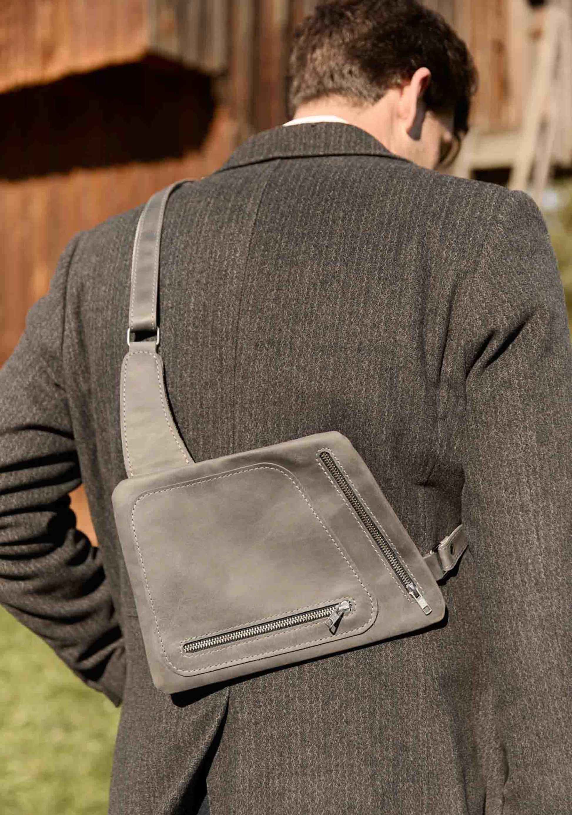 Men’s Sling Bag in Waxed Matte Leather | Hidden Back Pocket