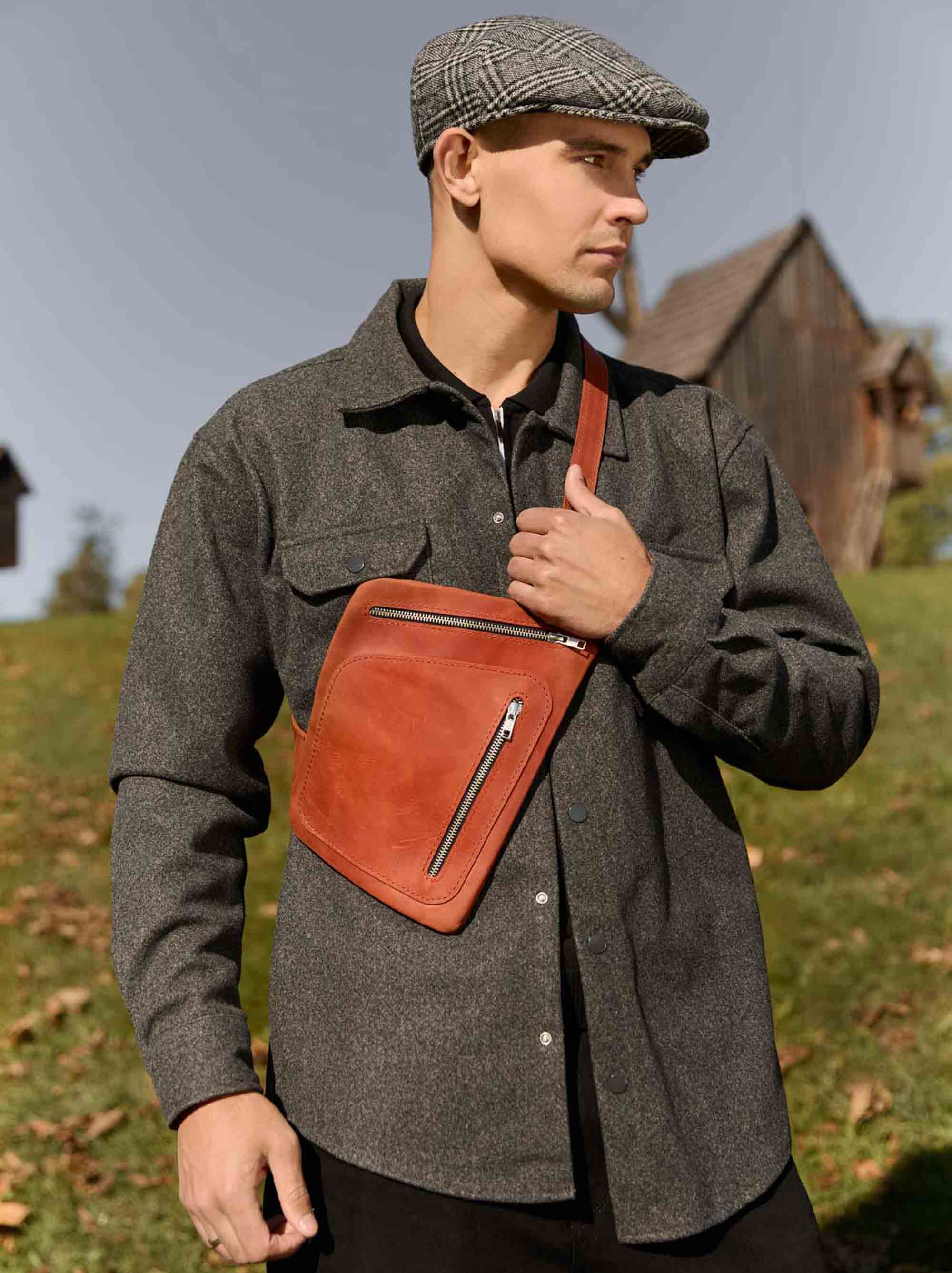Men’s Sling Bag in Waxed Matte Leather | Hidden Back Pocket