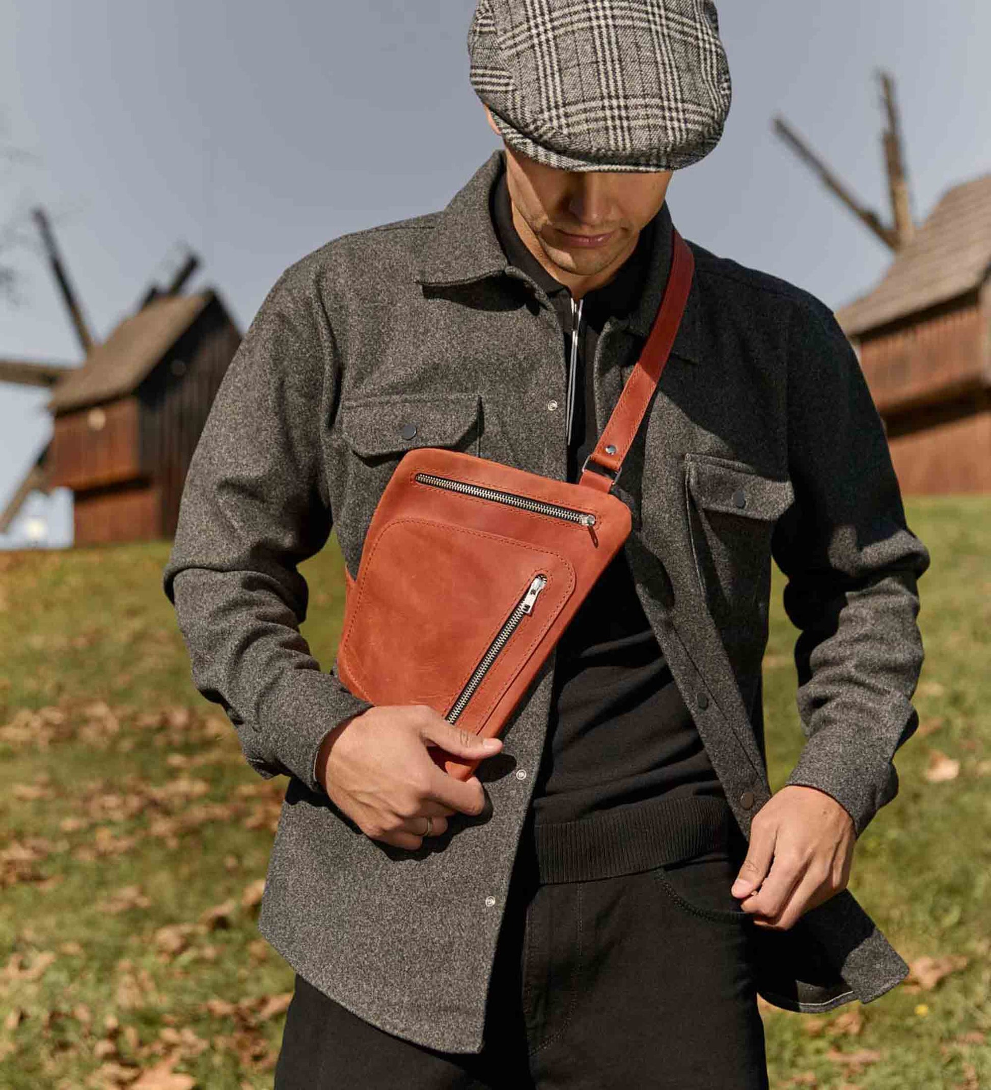 Men’s Sling Bag in Waxed Matte Leather | Hidden Back Pocket