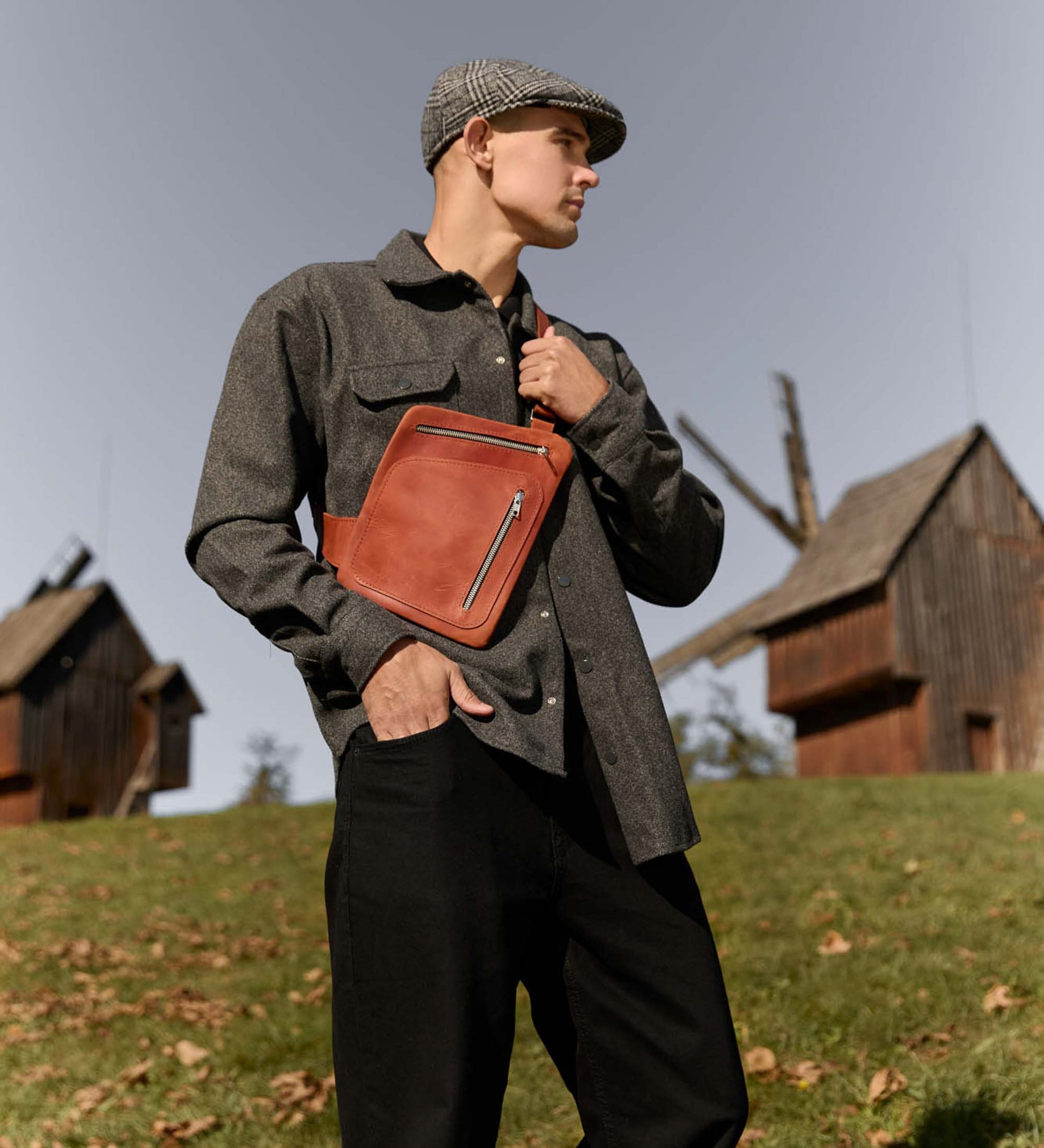 Men’s Sling Bag in Waxed Matte Leather | Hidden Back Pocket