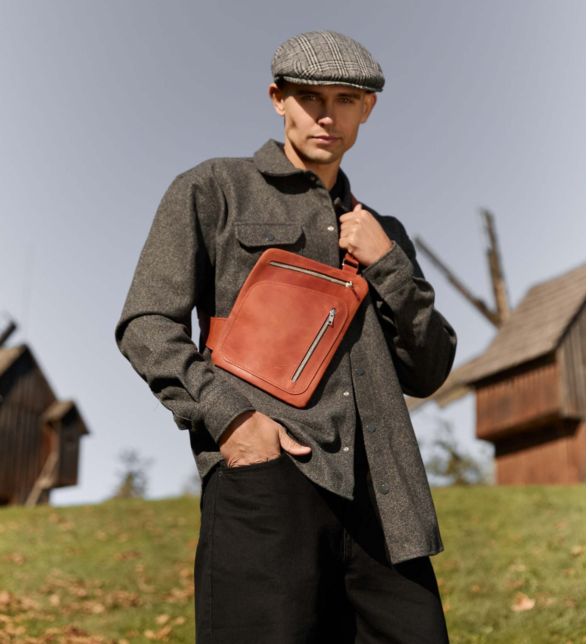 Men’s Sling Bag in Waxed Matte Leather | Hidden Back Pocket