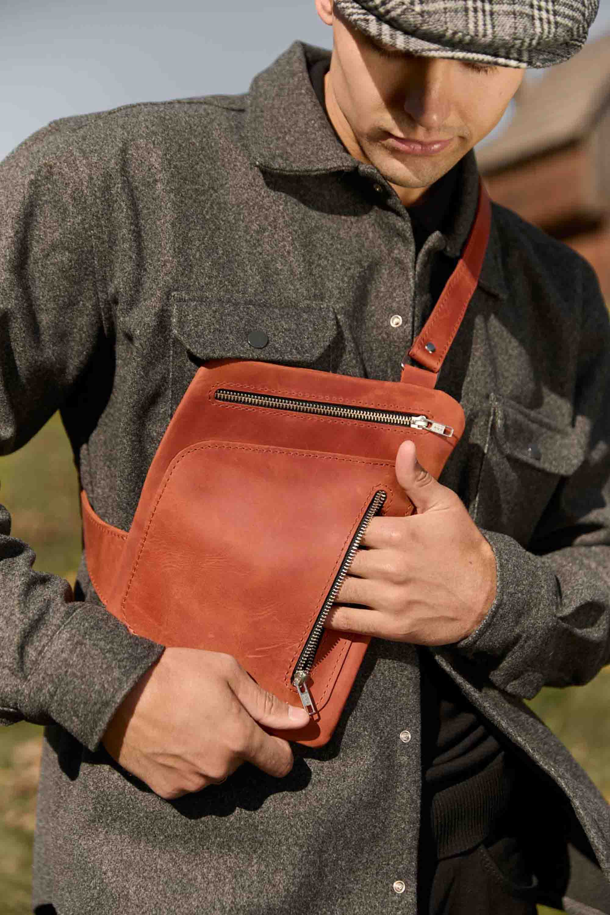 Men’s Sling Bag in Waxed Matte Leather | Hidden Back Pocket