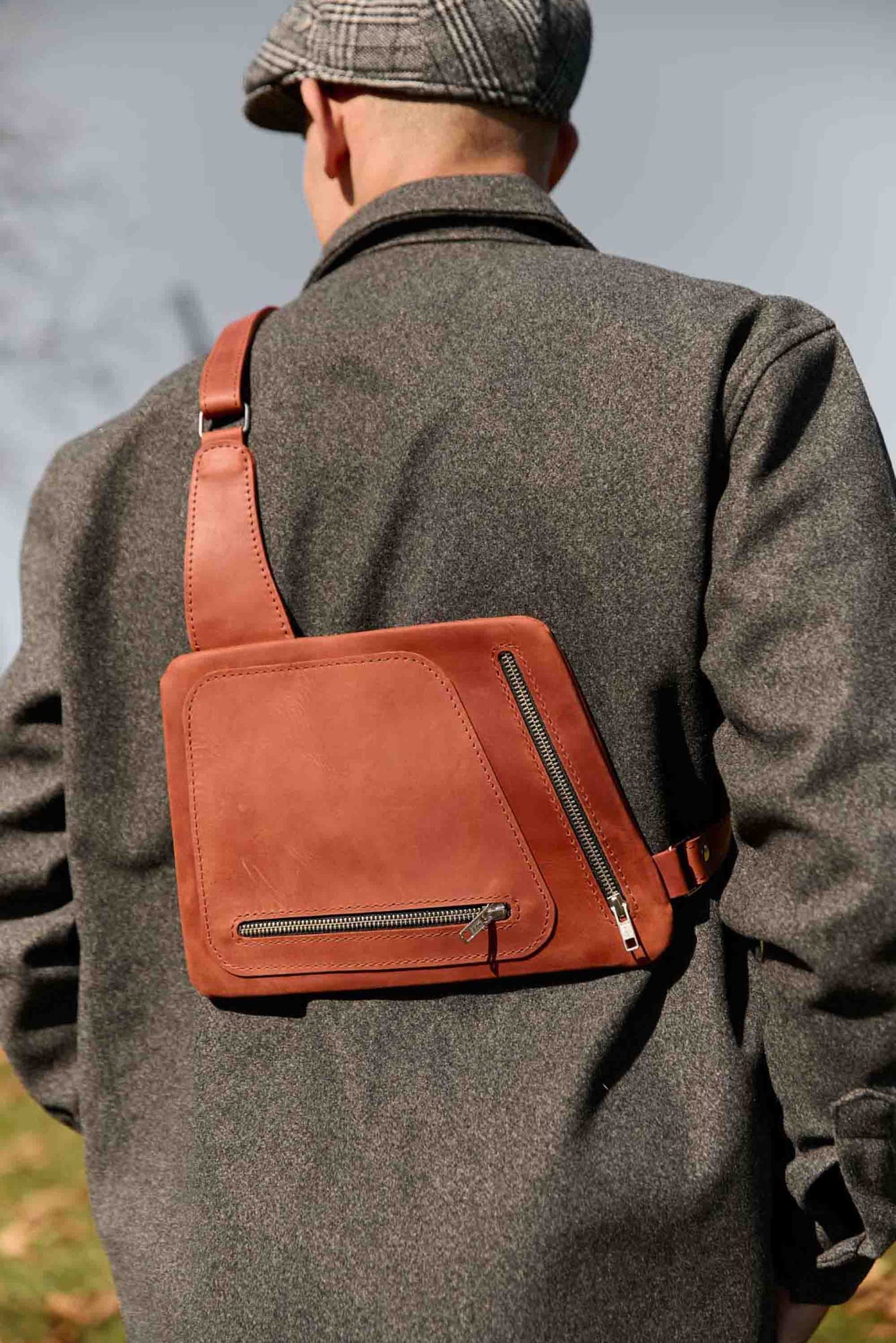 Men’s Sling Bag in Waxed Matte Leather | Hidden Back Pocket