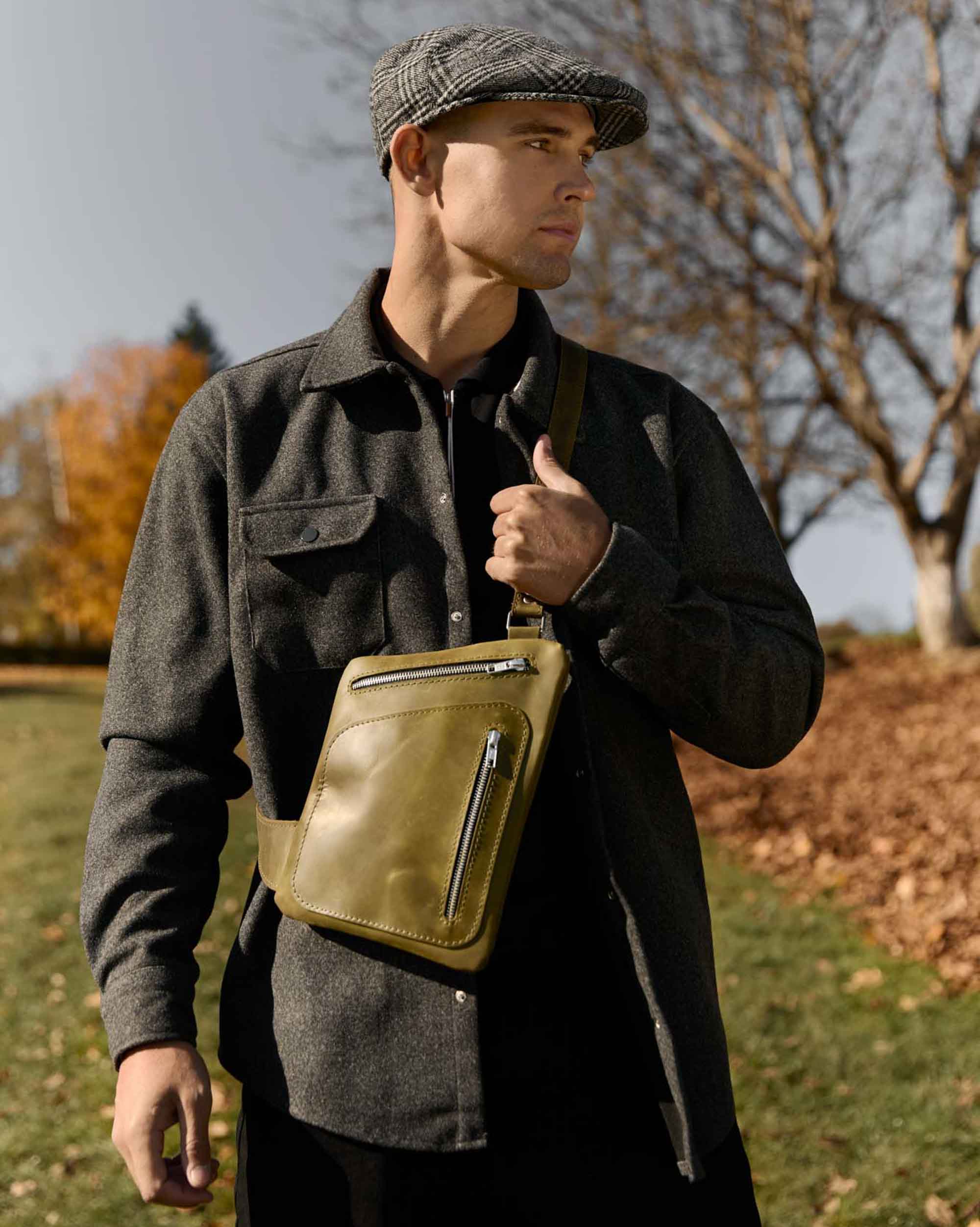 Men’s Sling Bag in Waxed Matte Leather | Hidden Back Pocket