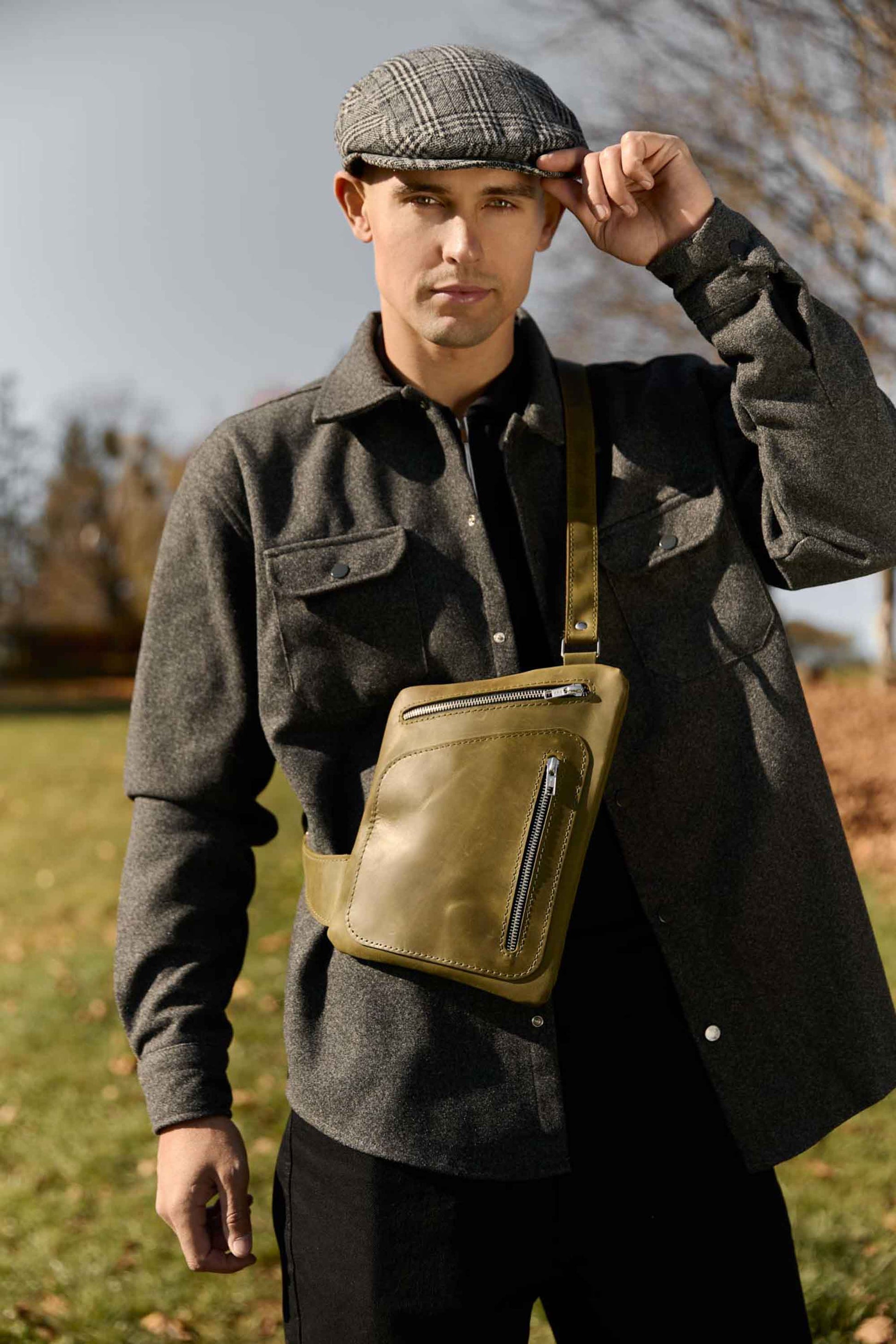 Men’s Sling Bag in Waxed Matte Leather | Hidden Back Pocket