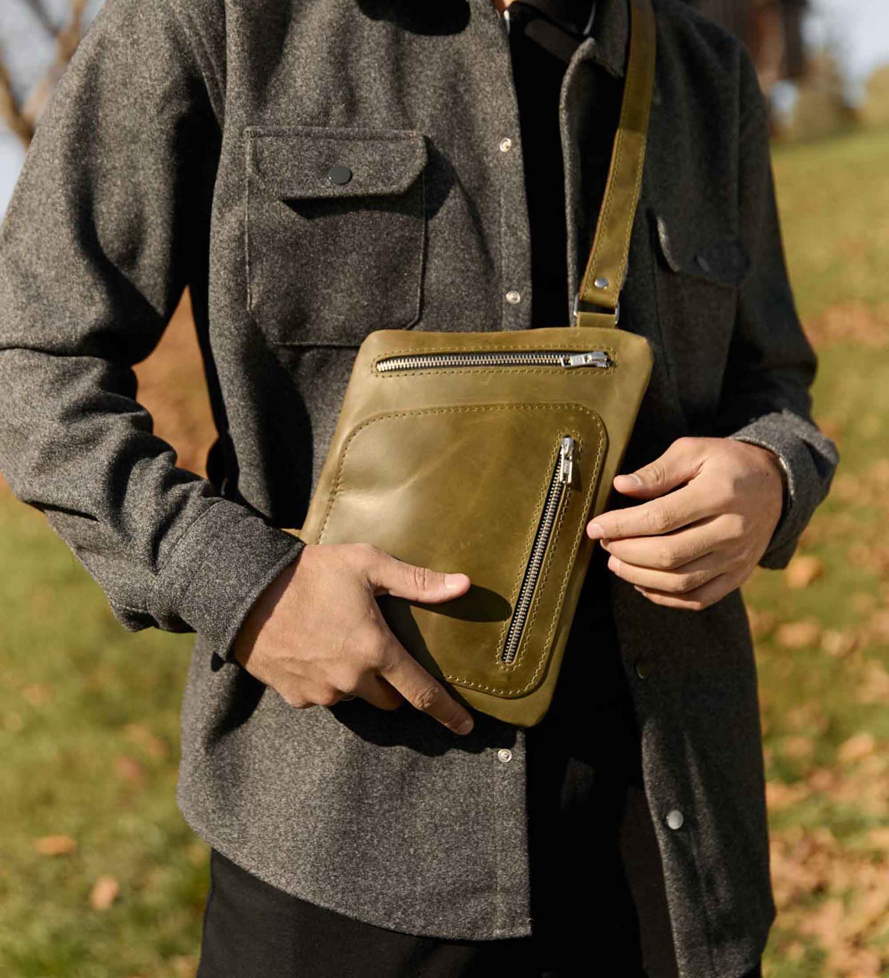 Men’s Sling Bag in Waxed Matte Leather | Hidden Back Pocket