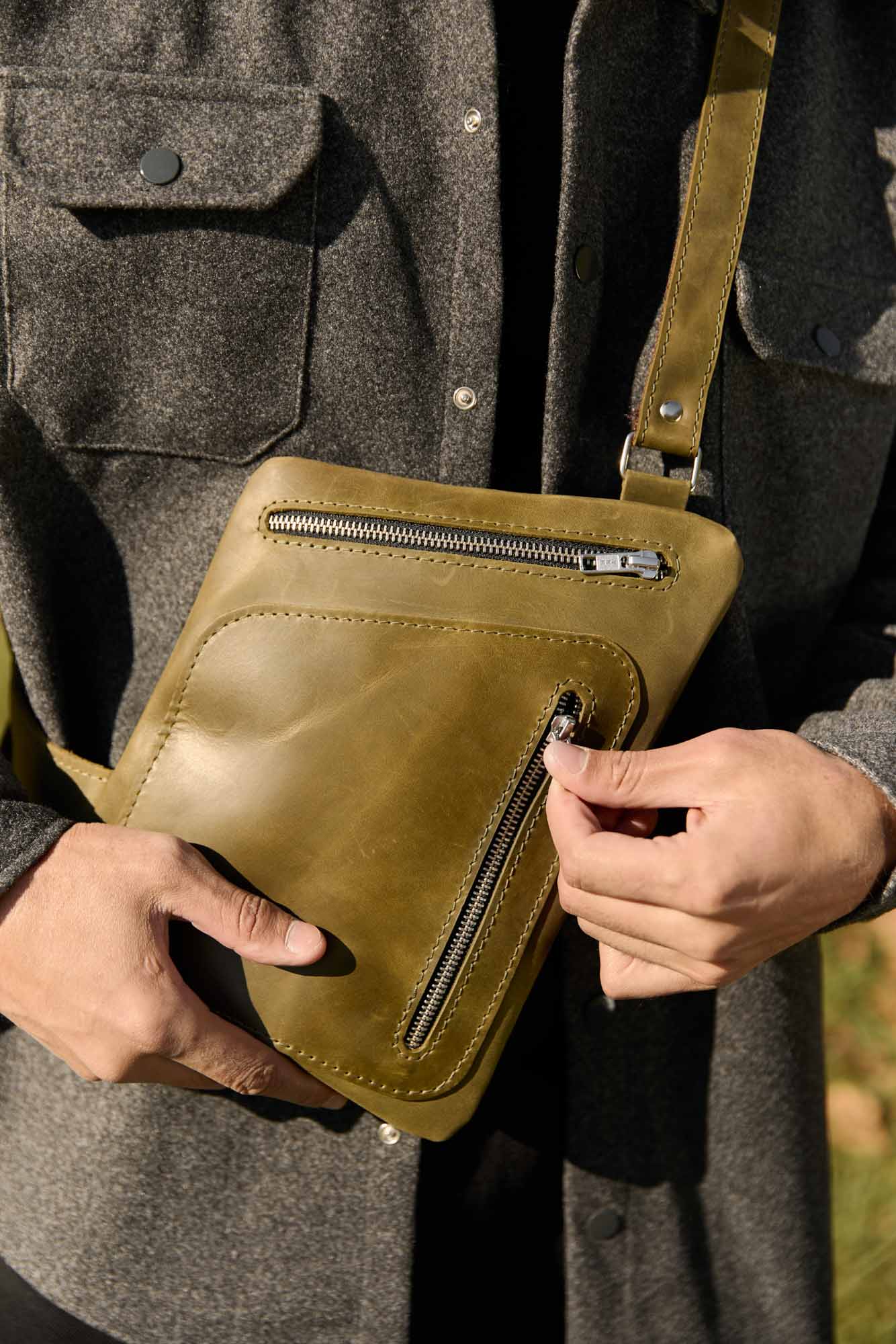 Men’s Sling Bag in Waxed Matte Leather | Hidden Back Pocket