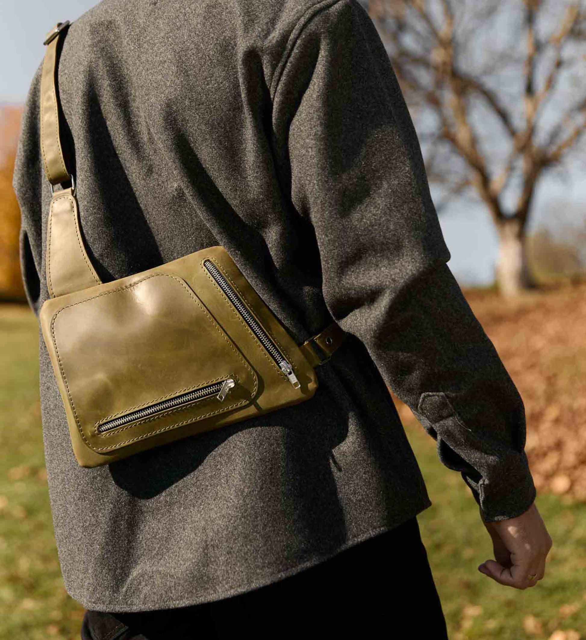 Men’s Sling Bag in Waxed Matte Leather | Hidden Back Pocket