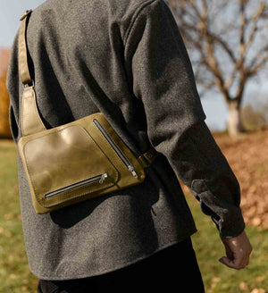 Men’s Sling Bag in Waxed Matte Leather | Hidden Back Pocket