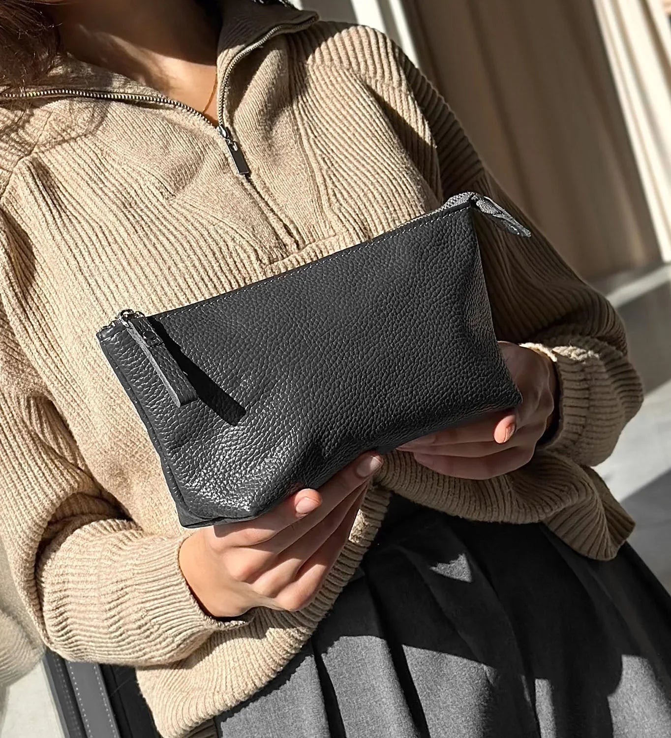 Grainy Leather Cosmetic Bag – Zippered Travel Pouch for Women | Allure