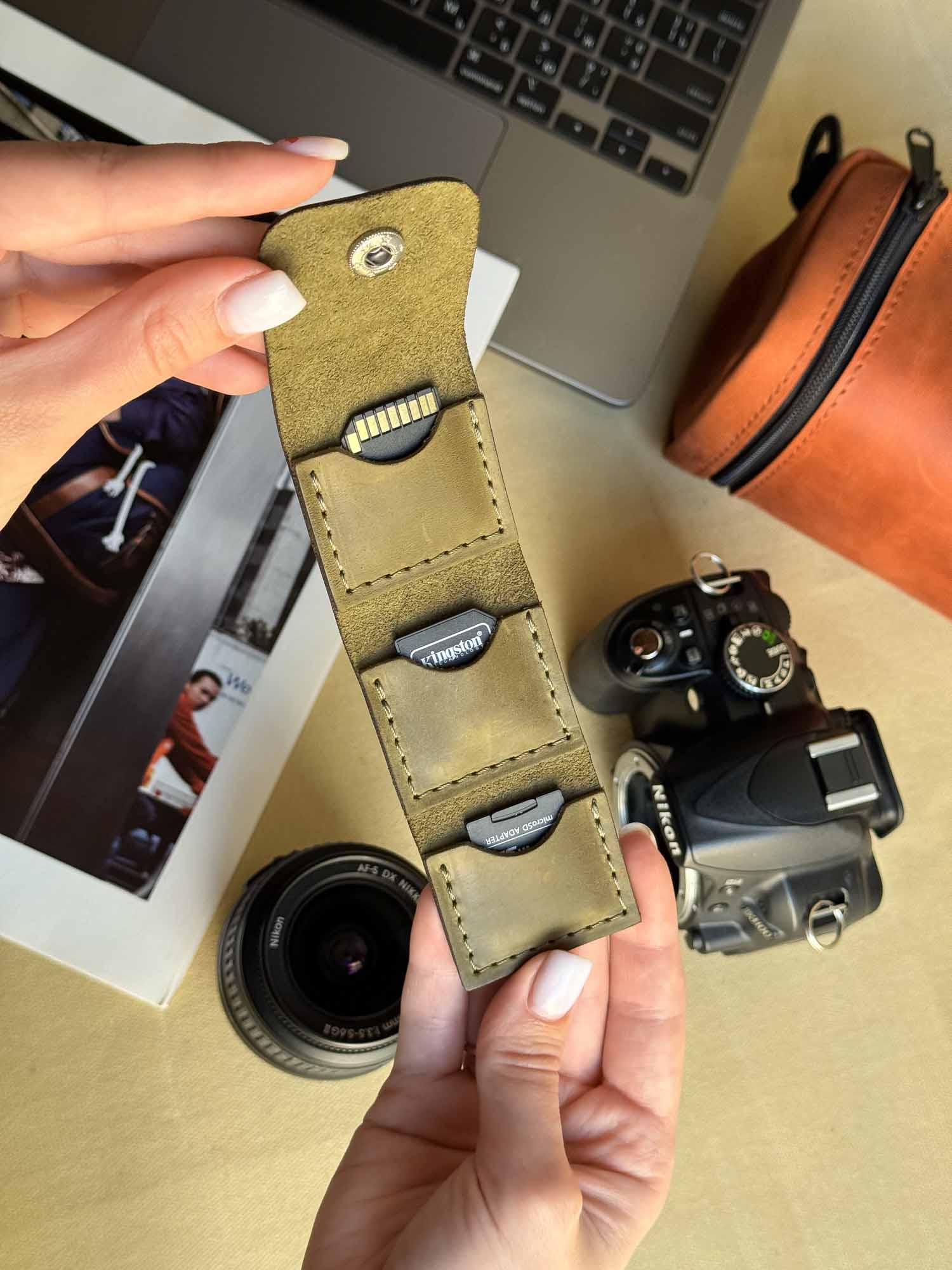 Leather SD Card Holder – 3-Slot Compact Organizer for Photographers
