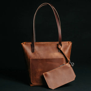 Distressed Cowhide Leather Tote Bag with Removable Pouch