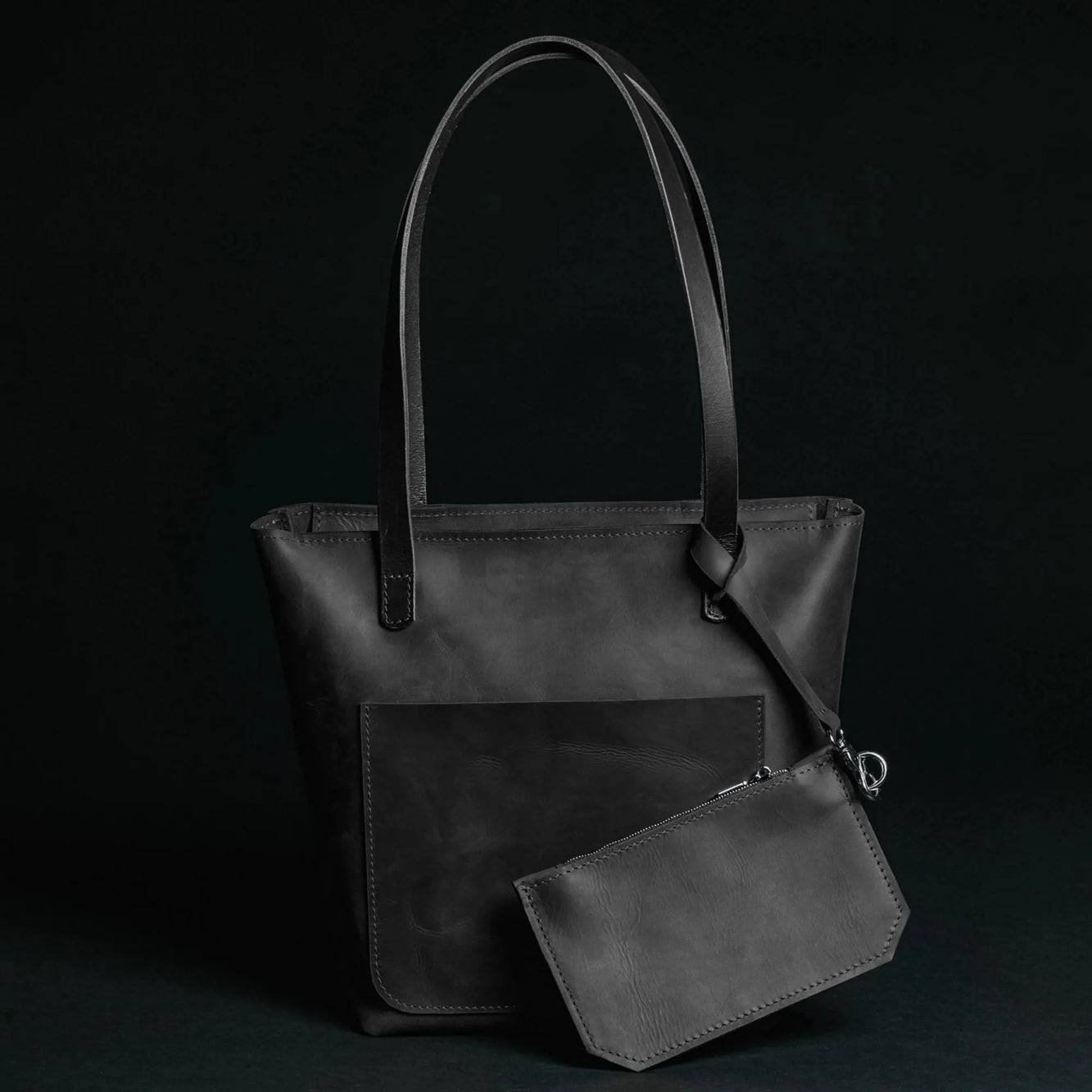 Distressed Leather Tote with pouch | Black - Wenderfarer