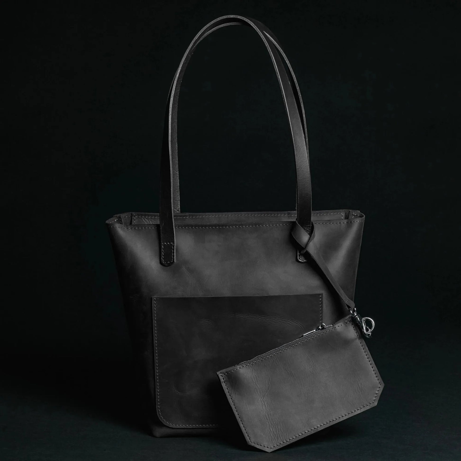 Distressed Leather Tote with pouch | Black - Wenderfarer