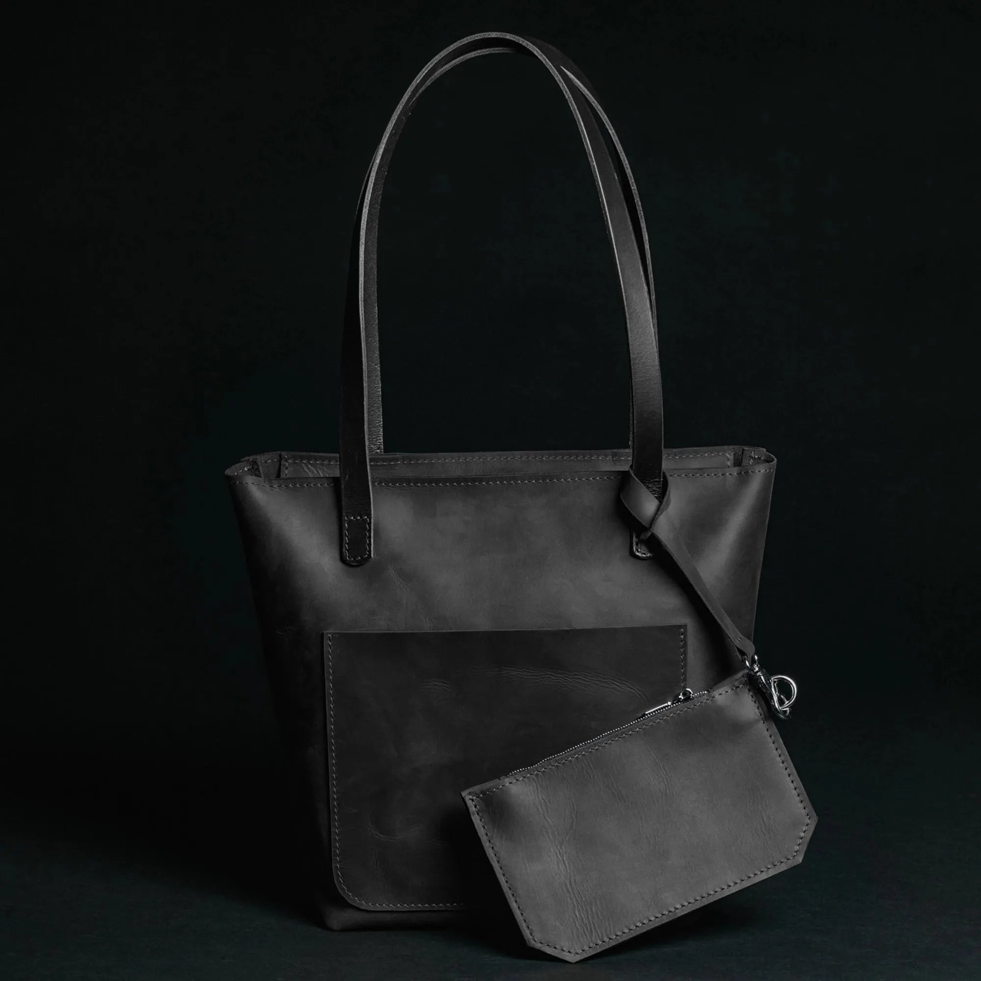 Distressed Leather Tote with pouch | Black - Wenderfarer