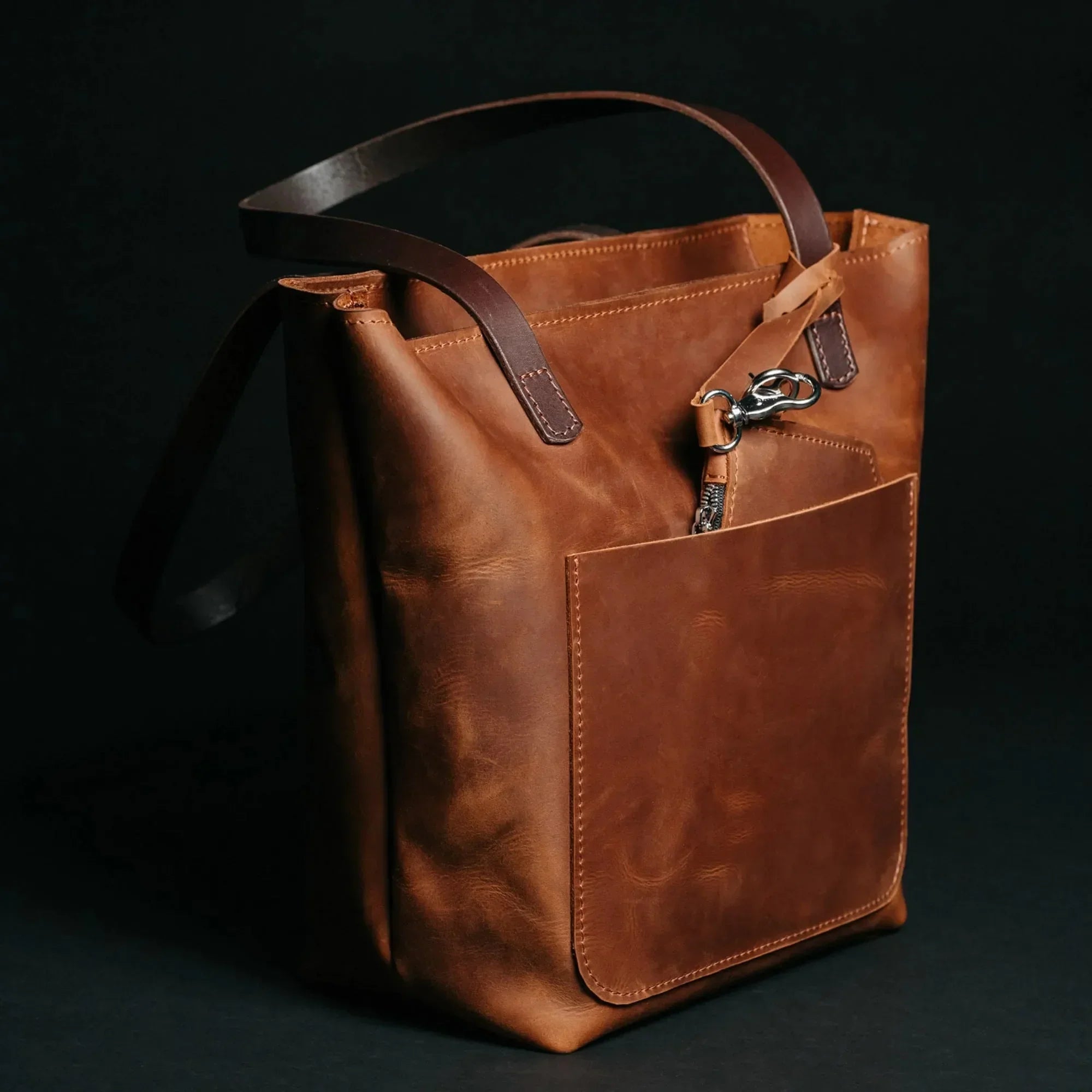 Distressed Cowhide Leather Tote Bag with Removable Pouch