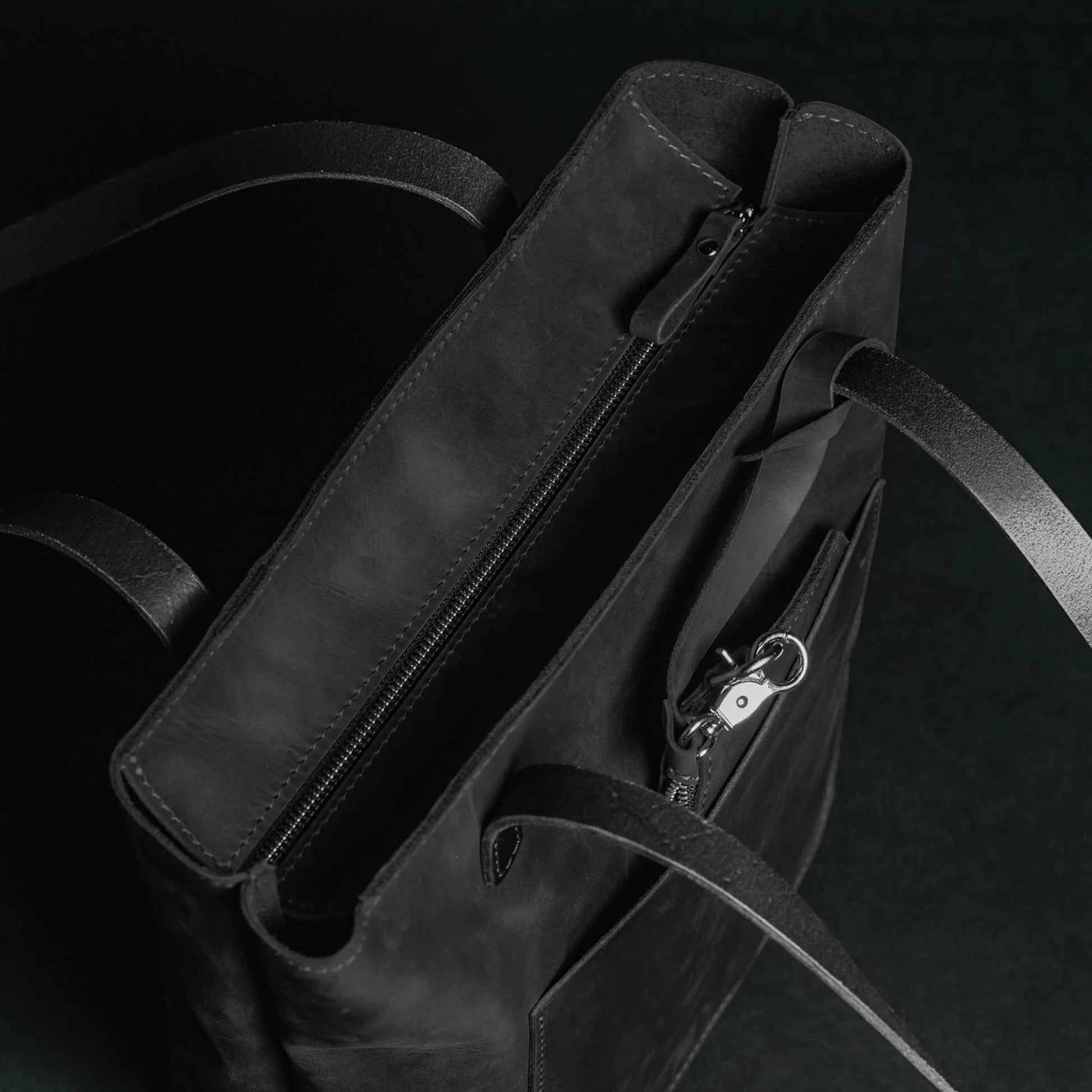 Distressed Leather Tote with pouch | Black - Wenderfarer
