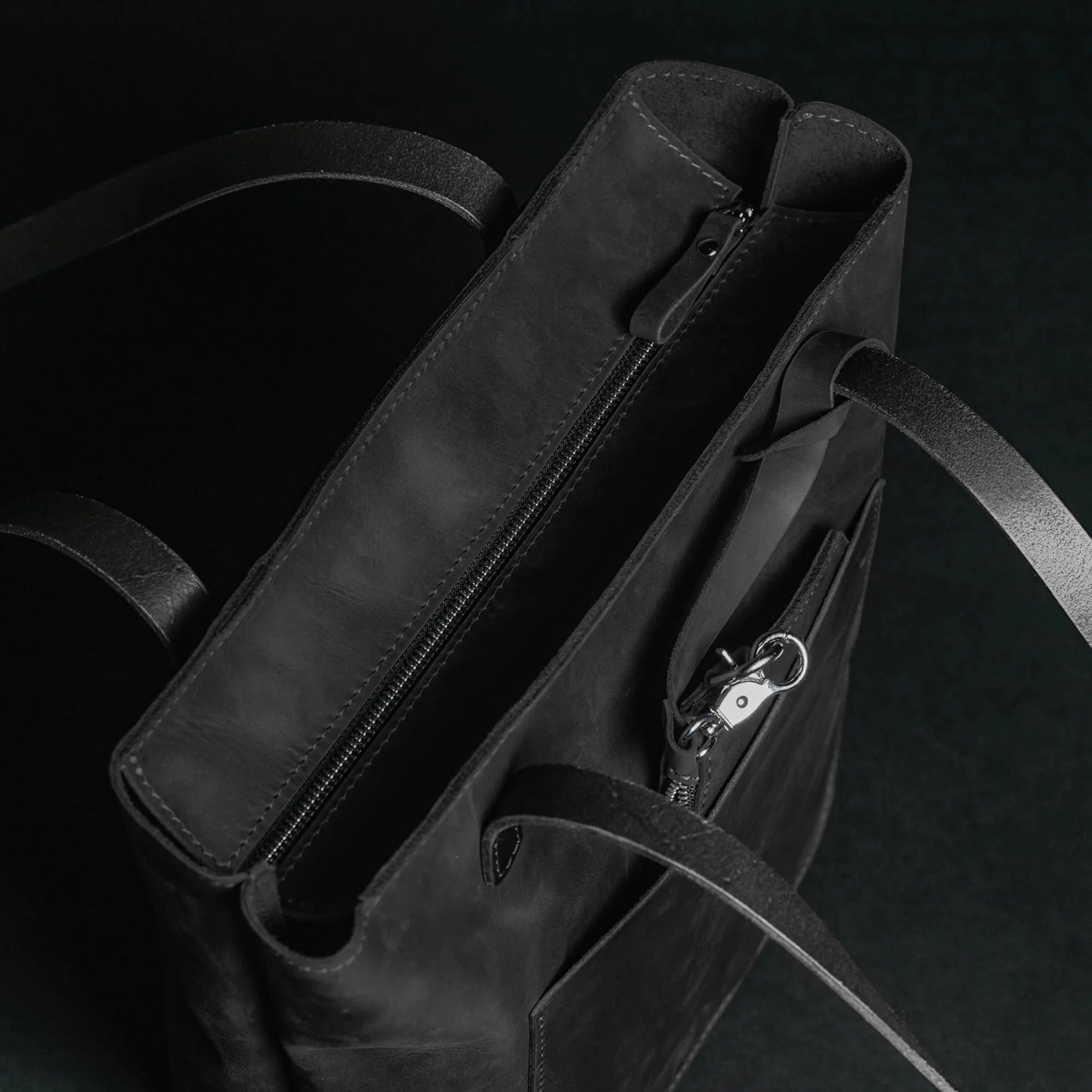 Distressed Leather Tote with pouch | Black - Wenderfarer