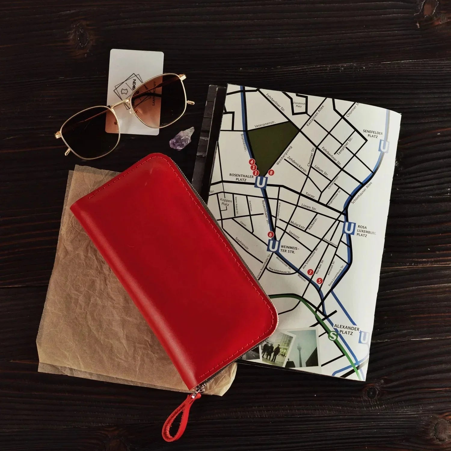 Leather Clutch Wallet – Zip Closure & Wrist Strap