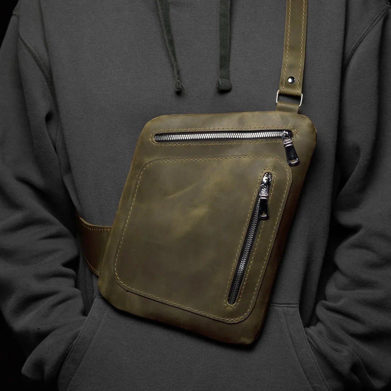 Men’s Sling Bag in Waxed Matte Leather | Hidden Back Pocket