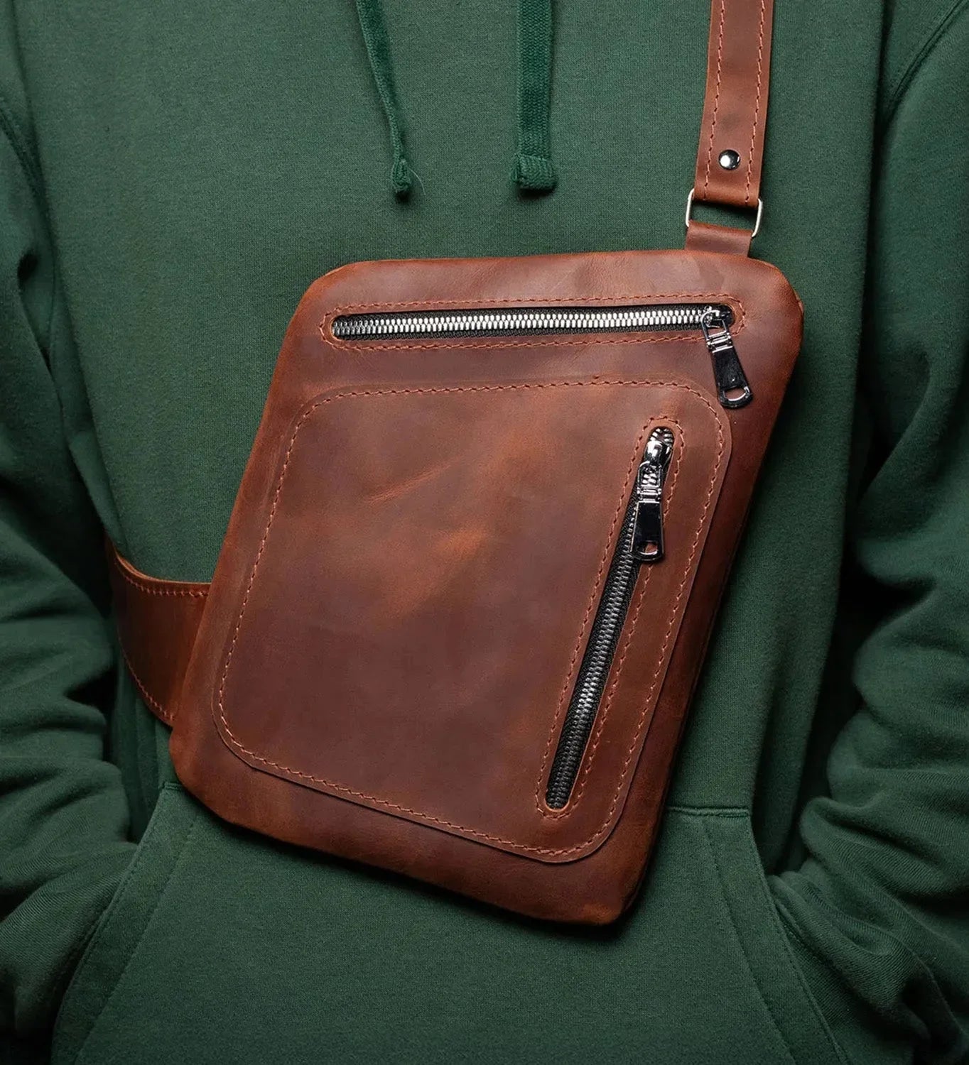 Men’s Sling Bag in Waxed Matte Leather | Hidden Back Pocket